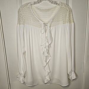 NWT NY Collection White L/S Ruffle Cascading Center Ivory Eyelet Collar Size L